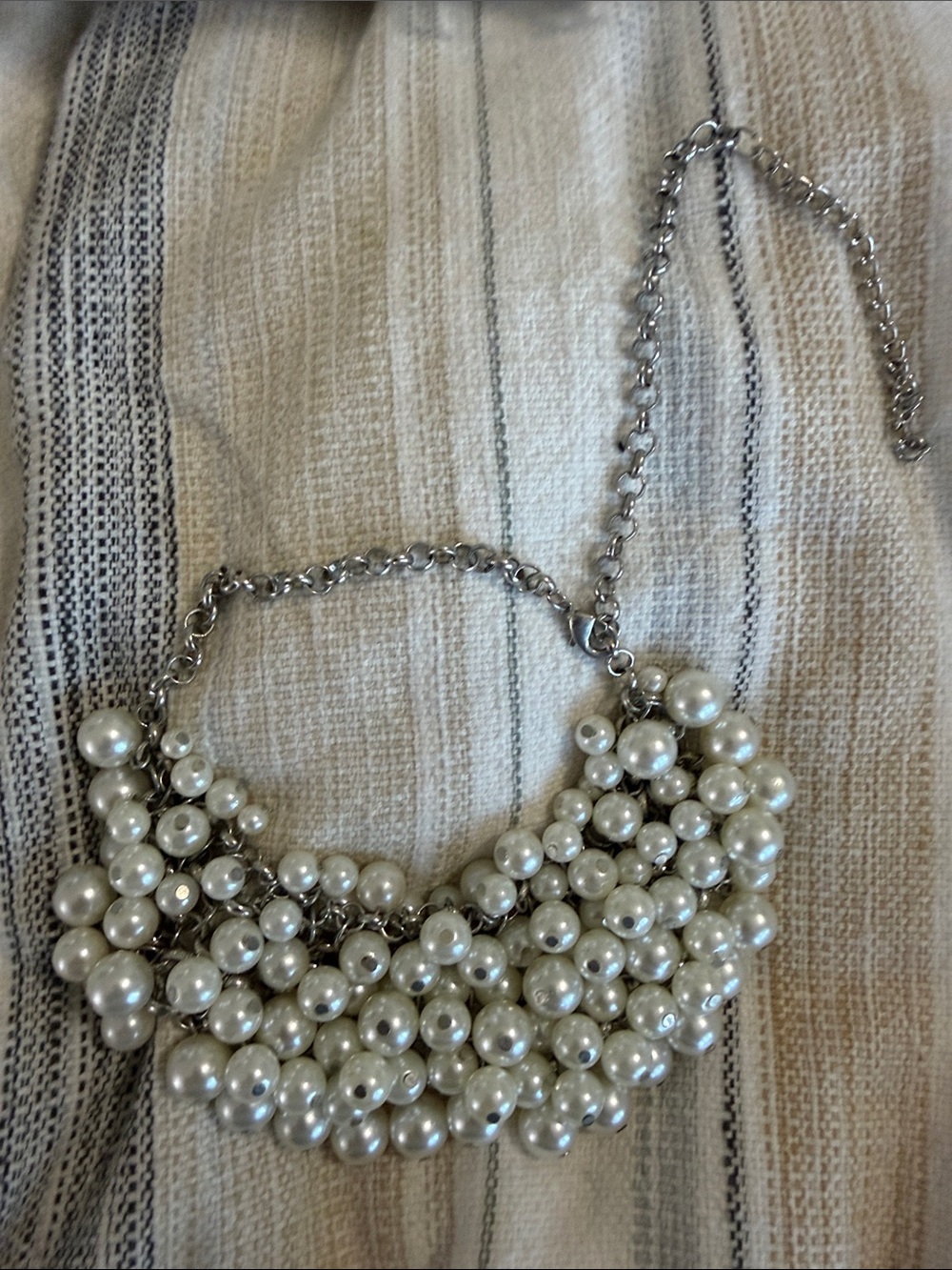 Pearl Cluster Bib Necklace - Silver Tone